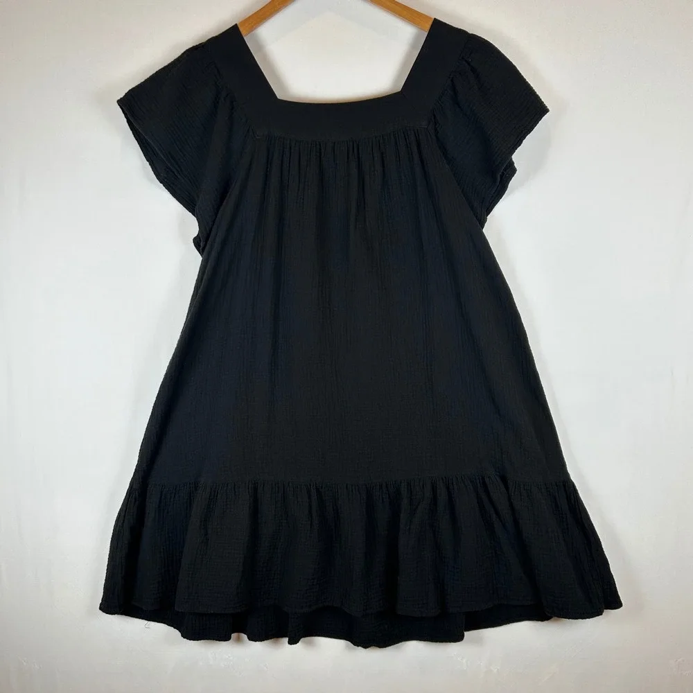 Rails Everdeen Black Cotton Gauze Mini Dress Square Neck Flutter Sleeve L - Picture 3 of 13